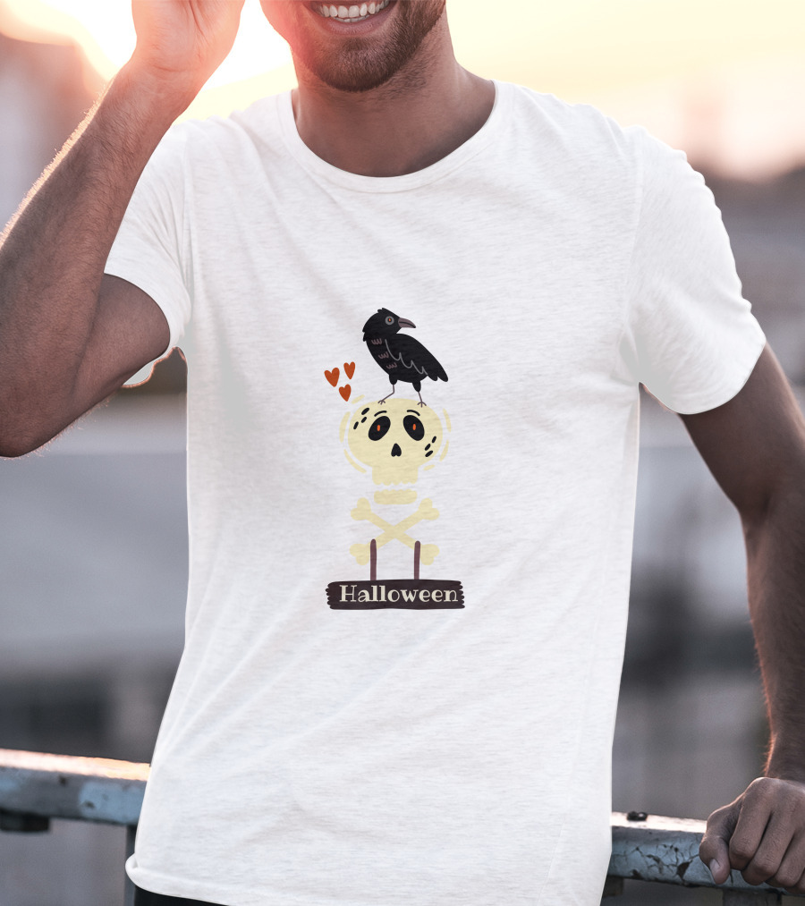 Halloween Skeleton Skull With Raven And Hearts T-Shirt