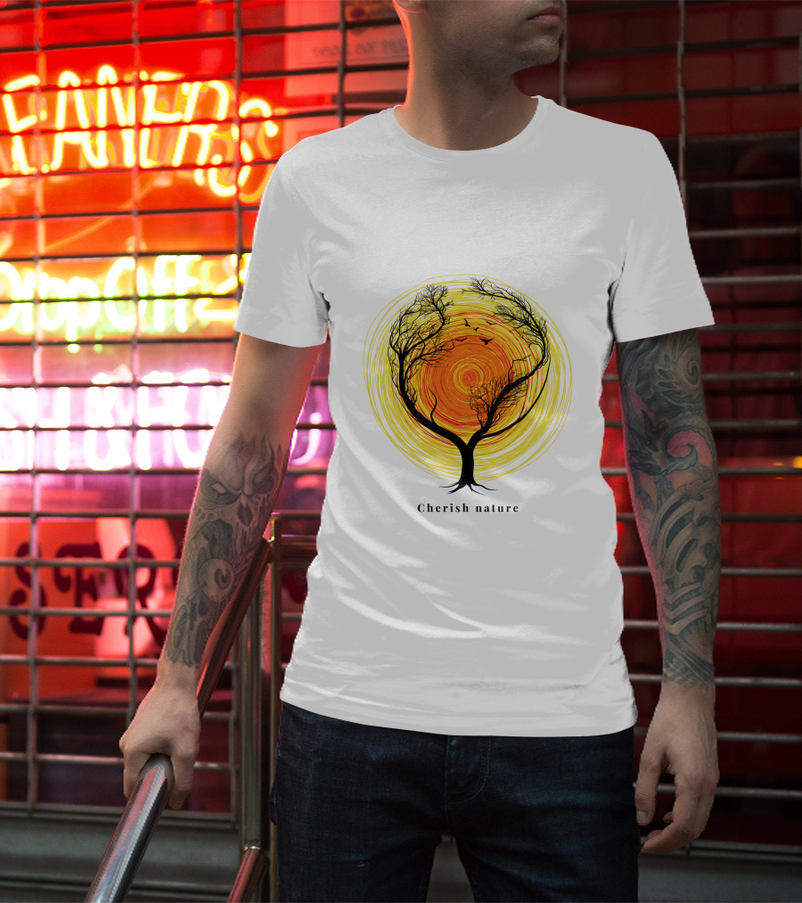 Cherish Nature Tree Silhouette With Birds And Vibrant Spiral Sun T-Shirt