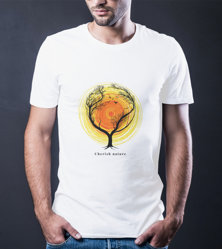 Cherish Nature Tree Silhouette With Birds And Vibrant Spiral Sun T-Shirt