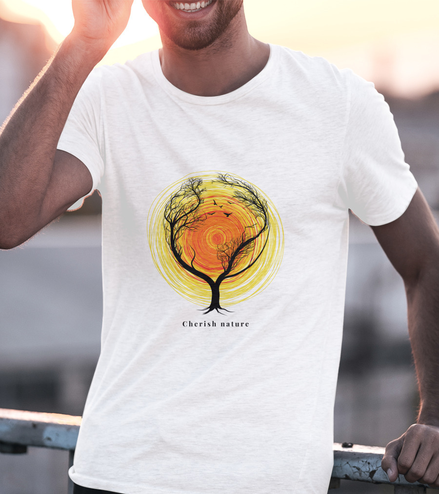 Cherish Nature Tree Silhouette With Birds And Vibrant Spiral Sun T-Shirt