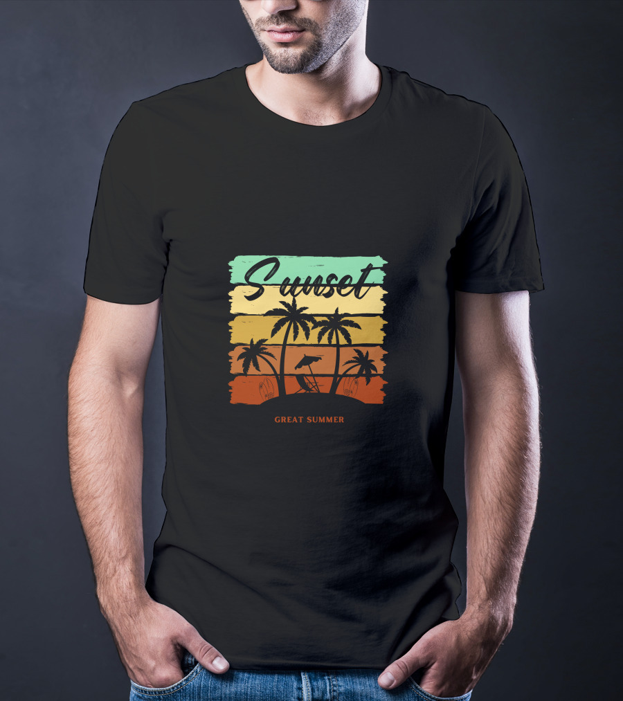 Sunset Great Summer Palm Trees Beach Scene T-Shirt