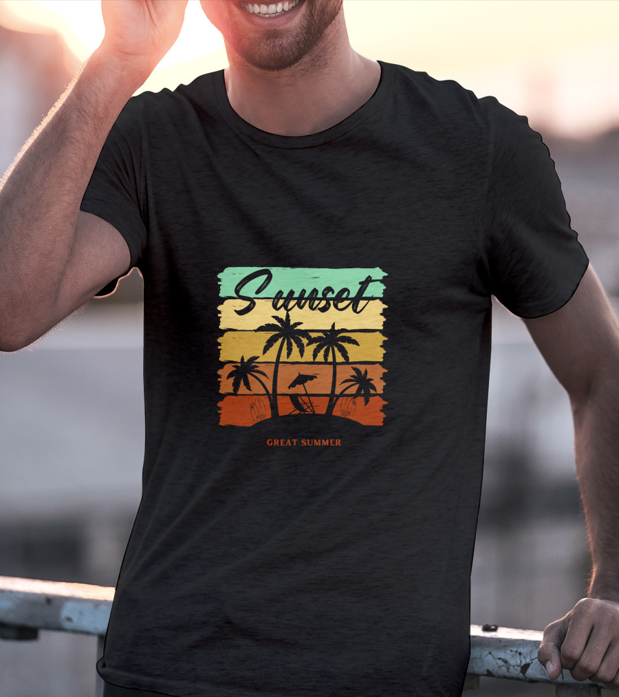 Sunset Great Summer Palm Trees Beach Scene T-Shirt