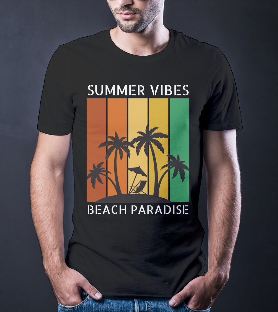 SUMMER VIBES BEACH PARADISE Palm Trees And Lounge Chair On Sunset Stripes T-Shirt
