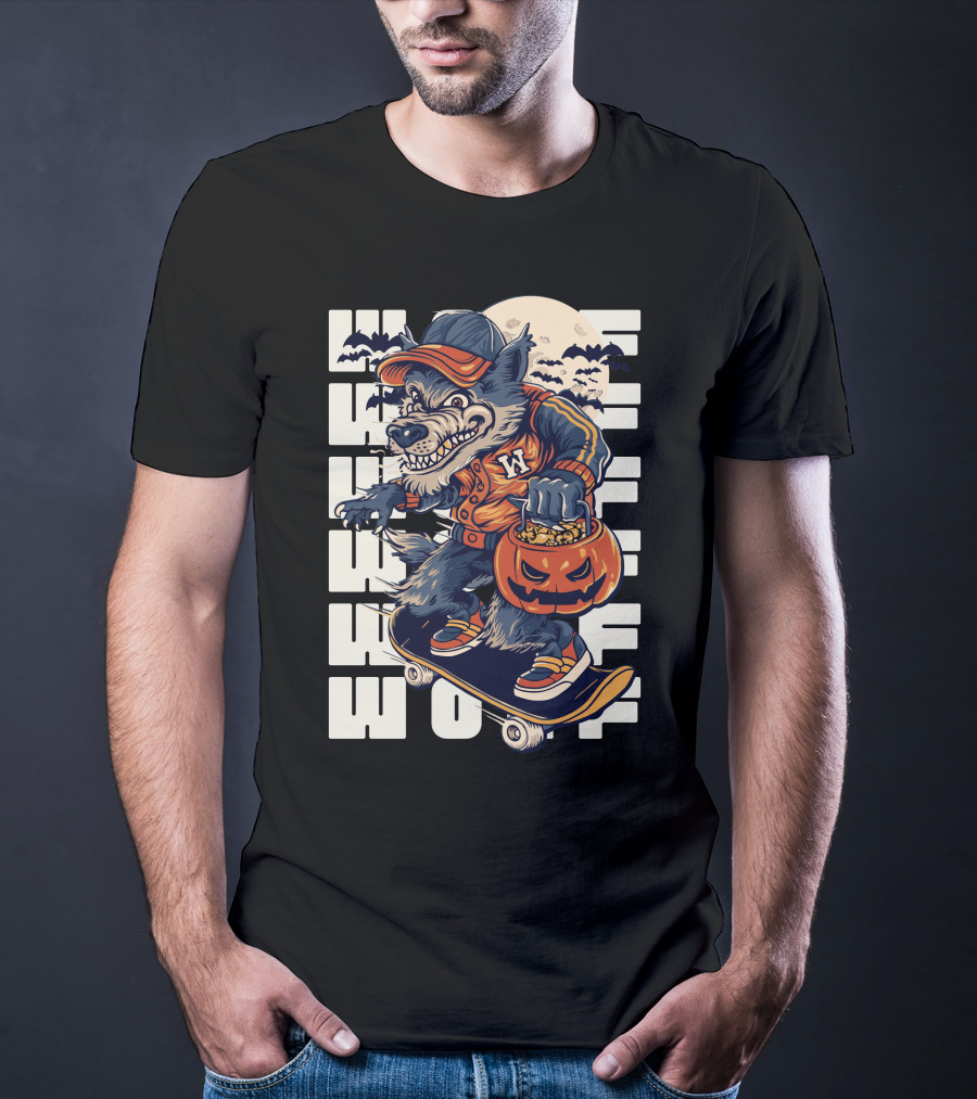Wolf Trick-or-Treat Skateboarder With Pumpkin And Moon T-Shirt