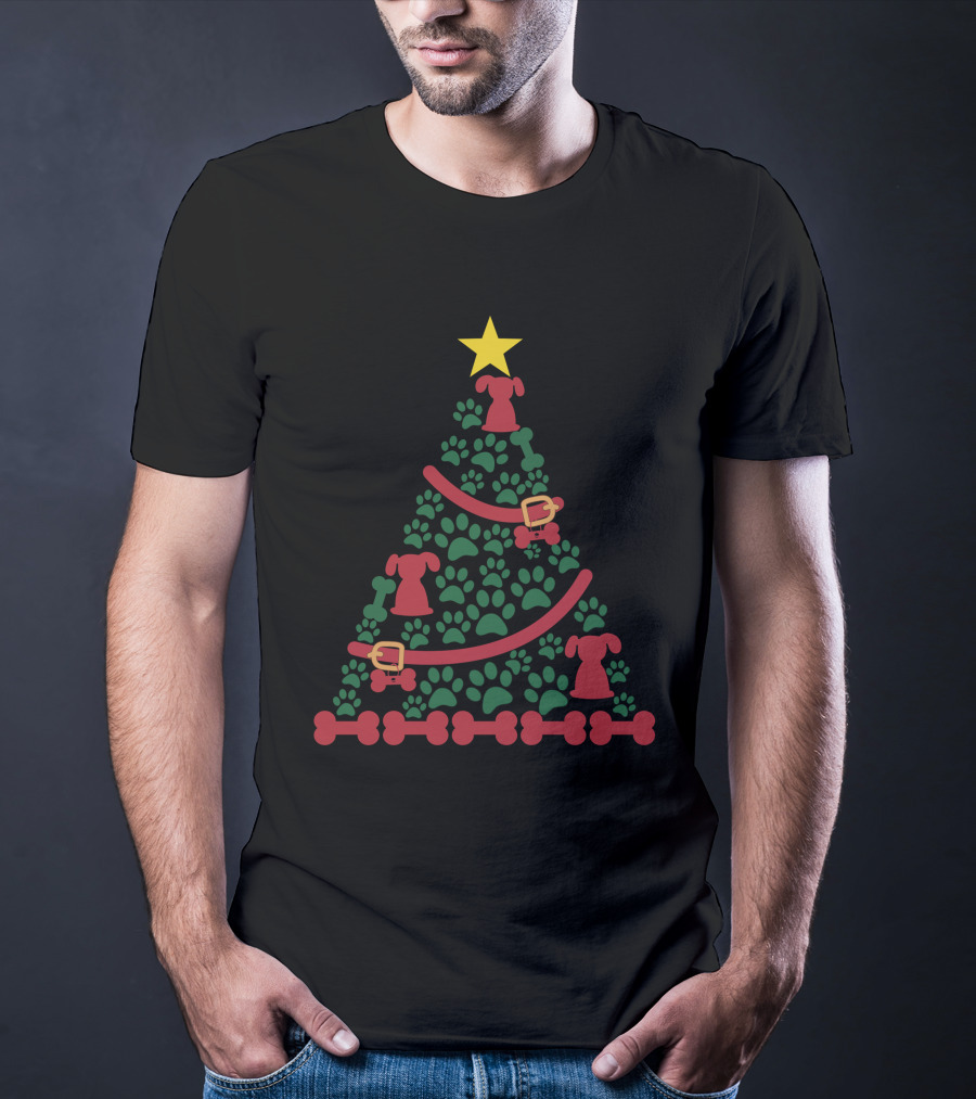 Dog Christmas Tree With Star Paws And Bone Decorations T-Shirt