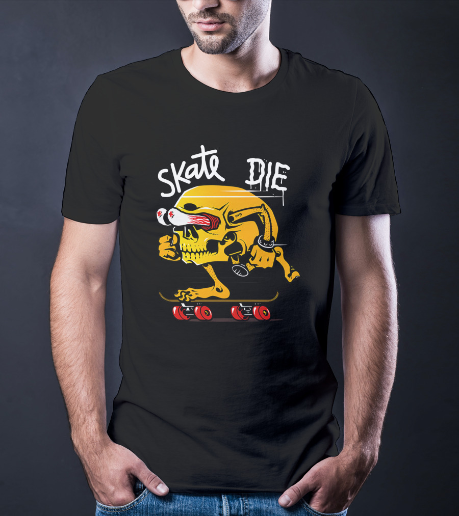 Skate Or Die Thrill-Seeking Skull On Skateboard T-Shirt