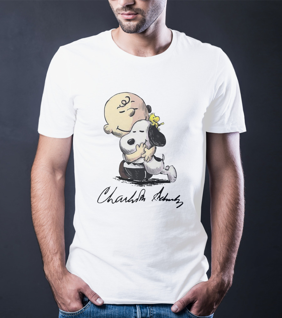 Peanuts Charlie Brown Snoopy Woodstock Hug By Charles Schulz T-Shirt