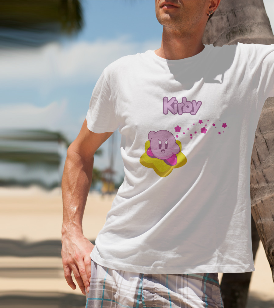Kirby On Star With Pink Sparkling Stars Trail T-Shirt