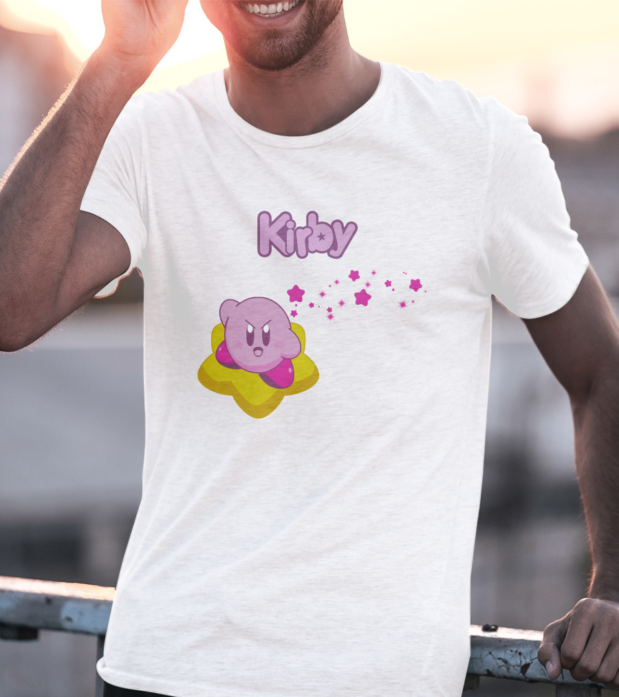 Kirby On Star With Pink Sparkling Stars Trail T-Shirt