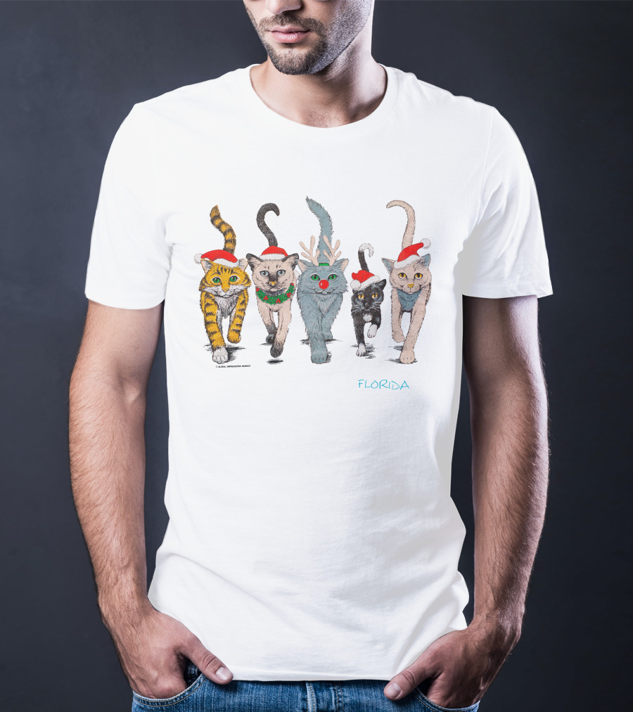Festive Florida 90s Christmas Cats Holiday Santa Hats And Reindeer Antlers T-Shirt