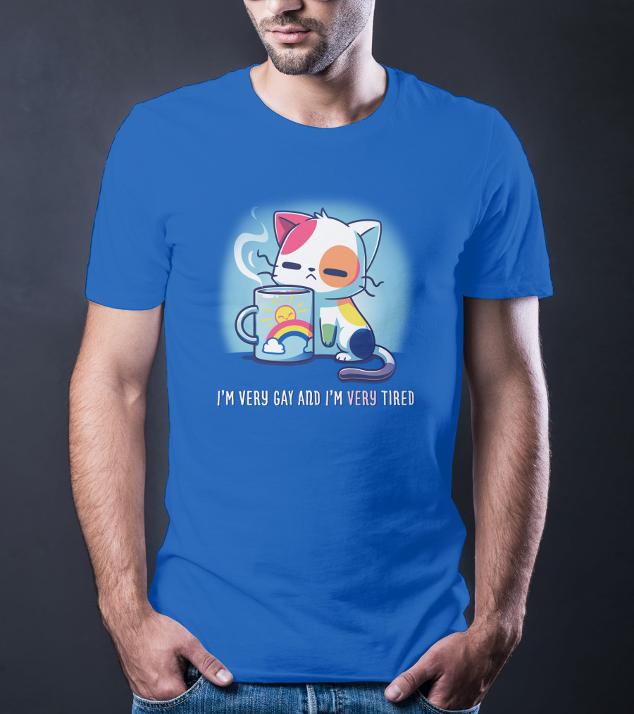 I'm Very Gay And I'm Very Tired Cat With Coffee And Rainbow Sun Cup T-Shirt