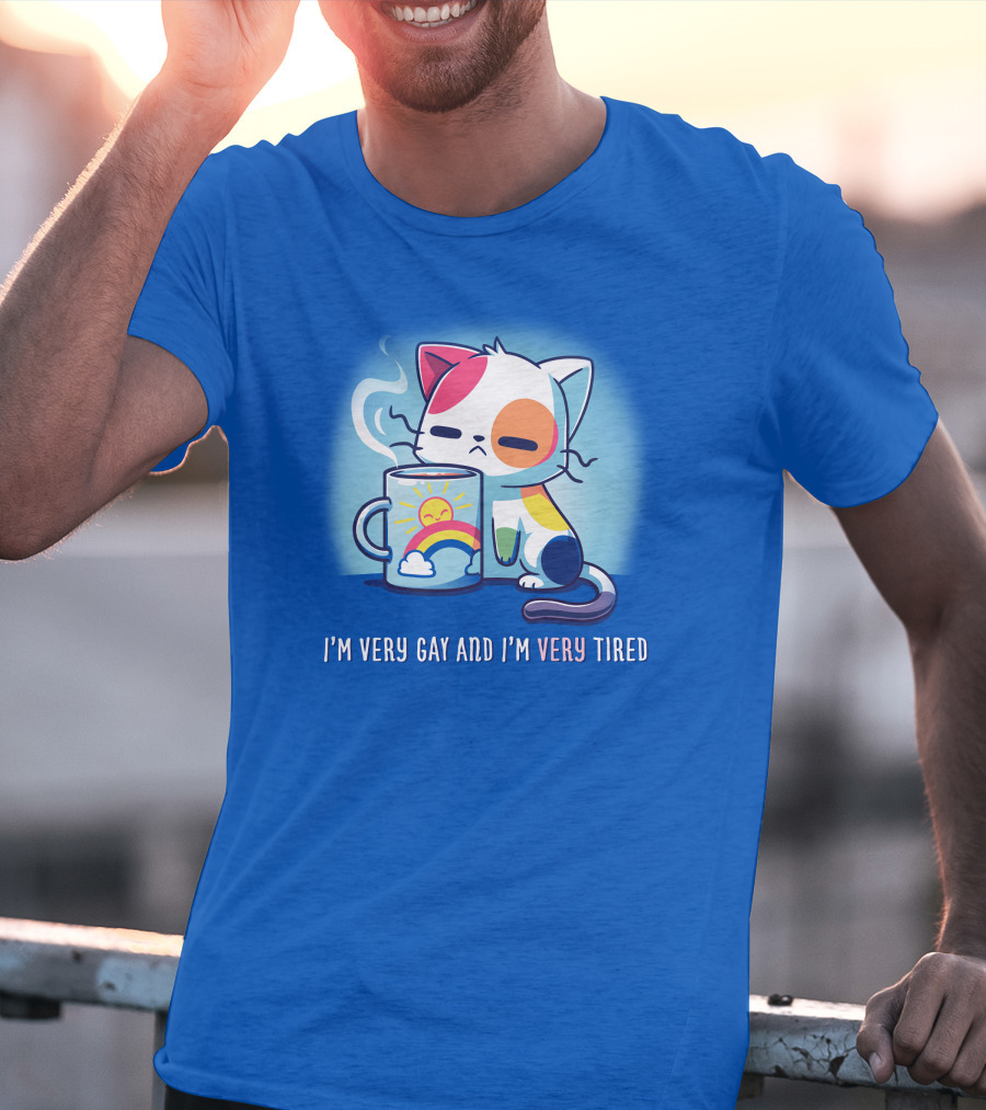 I'm Very Gay And I'm Very Tired Cat With Coffee And Rainbow Sun Cup T-Shirt