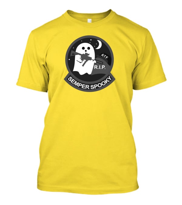 Semper Spooky Ghost With ATF Rifle And RIP Moon Badge T-Shirt