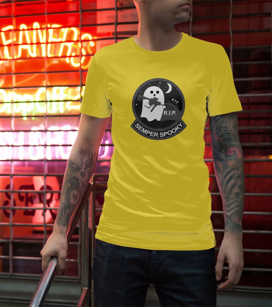 Semper Spooky Ghost With ATF Rifle And RIP Moon Badge T-Shirt