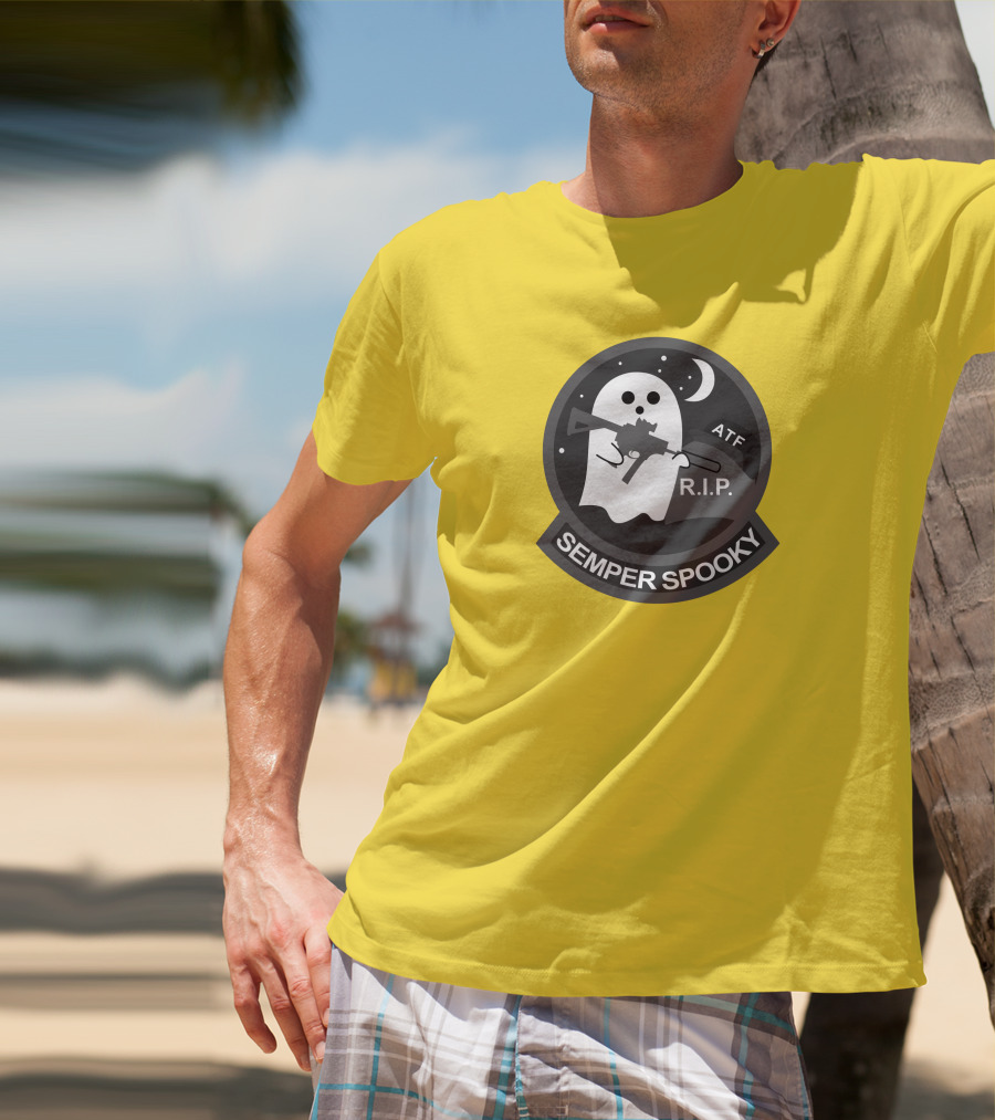 Semper Spooky Ghost With ATF Rifle And RIP Moon Badge T-Shirt