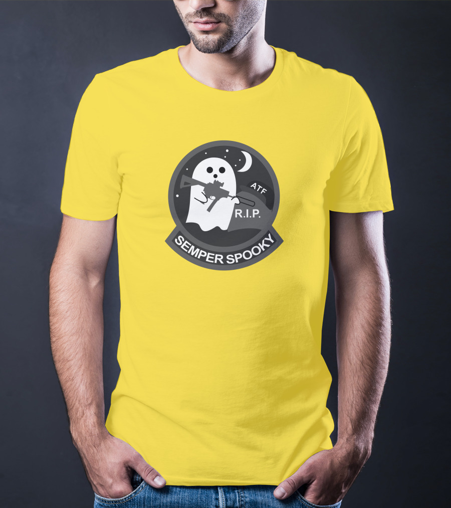 Semper Spooky Ghost With ATF Rifle And RIP Moon Badge T-Shirt