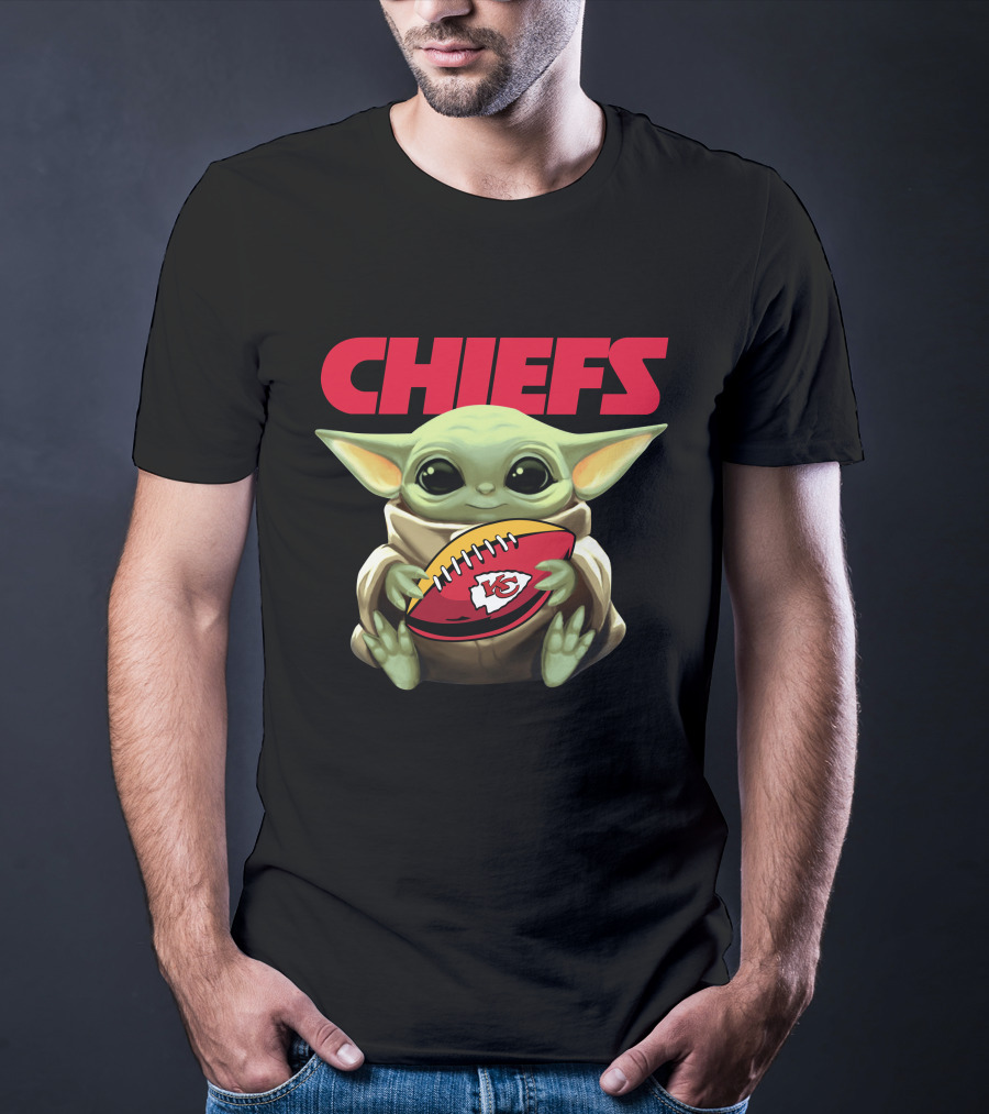 CHIEFS Baby Yoda Holding KC Chiefs Football T-Shirt