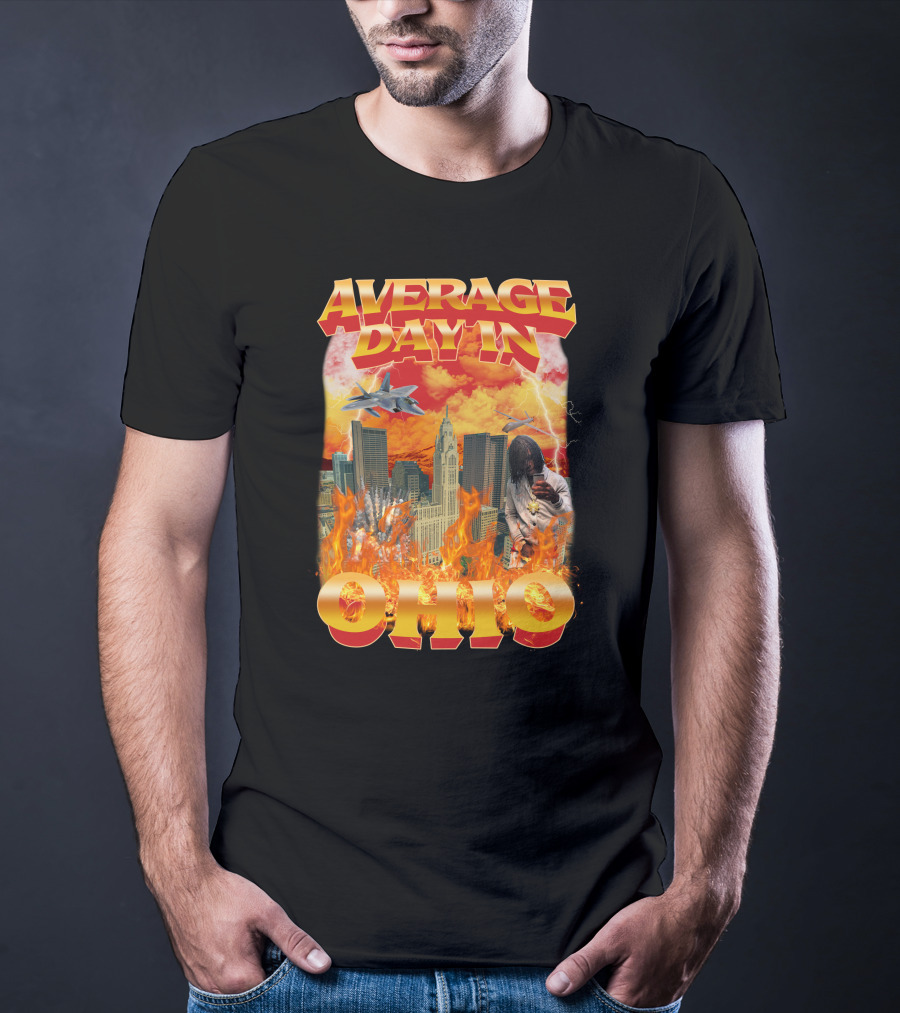 Average Day In Ohio Flaming Cityscape Fighter Jets Chaos T-Shirt
