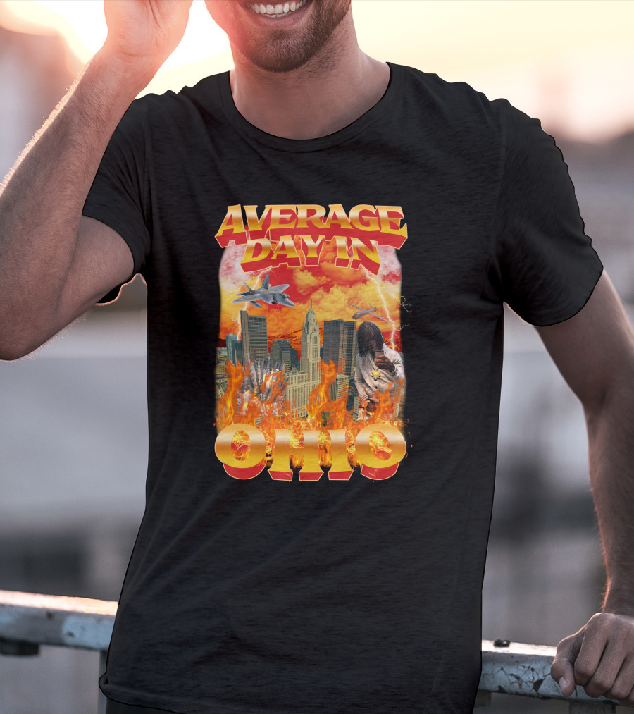 Average Day In Ohio Flaming Cityscape Fighter Jets Chaos T-Shirt