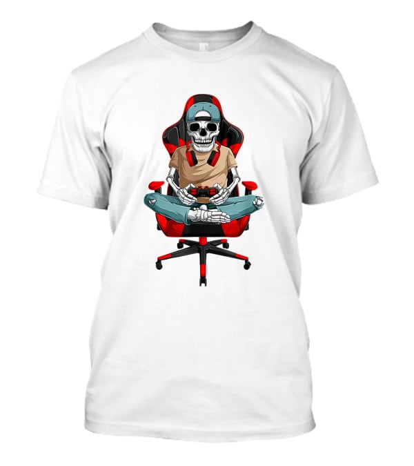 Skeleton Gamer In Cool Chair With Headphones And Controller T-Shirt