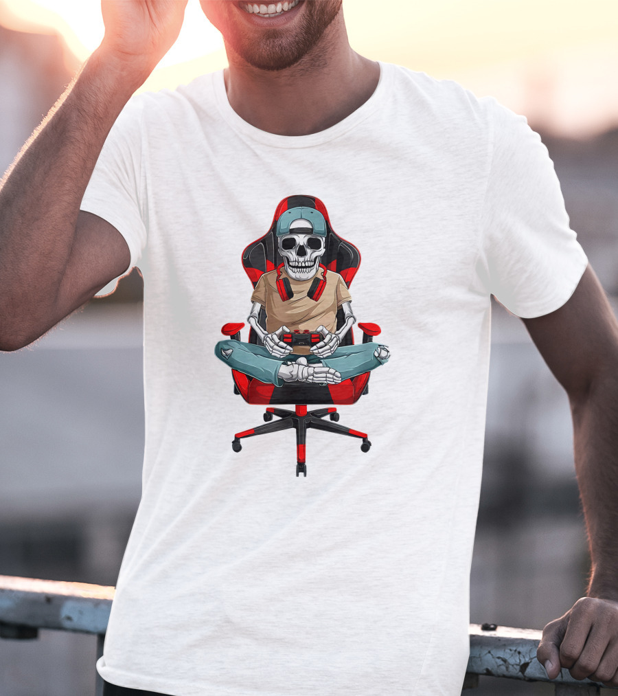 Skeleton Gamer In Cool Chair With Headphones And Controller T-Shirt