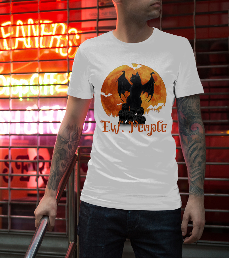 Ew People Black Cat With Bat Wings Halloween Orange Moon T-Shirt