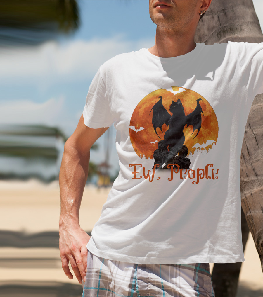Ew People Black Cat With Bat Wings Halloween Orange Moon T-Shirt