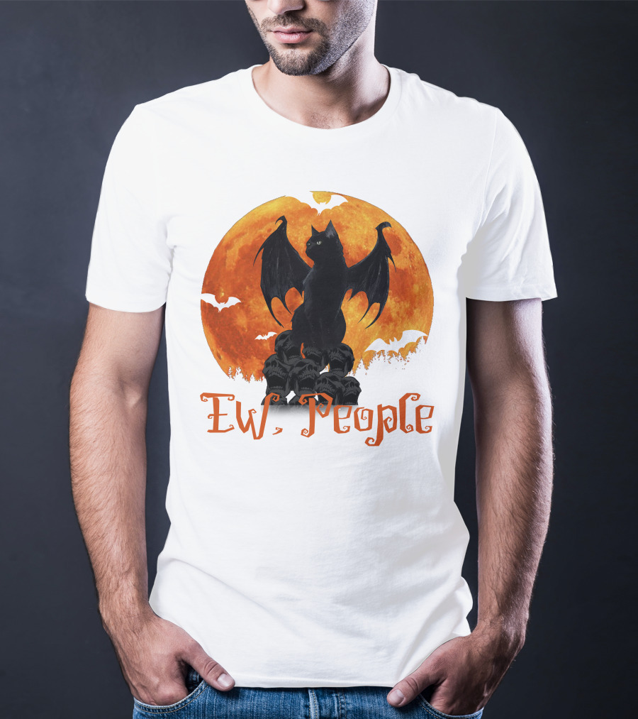 Ew People Black Cat With Bat Wings Halloween Orange Moon T-Shirt