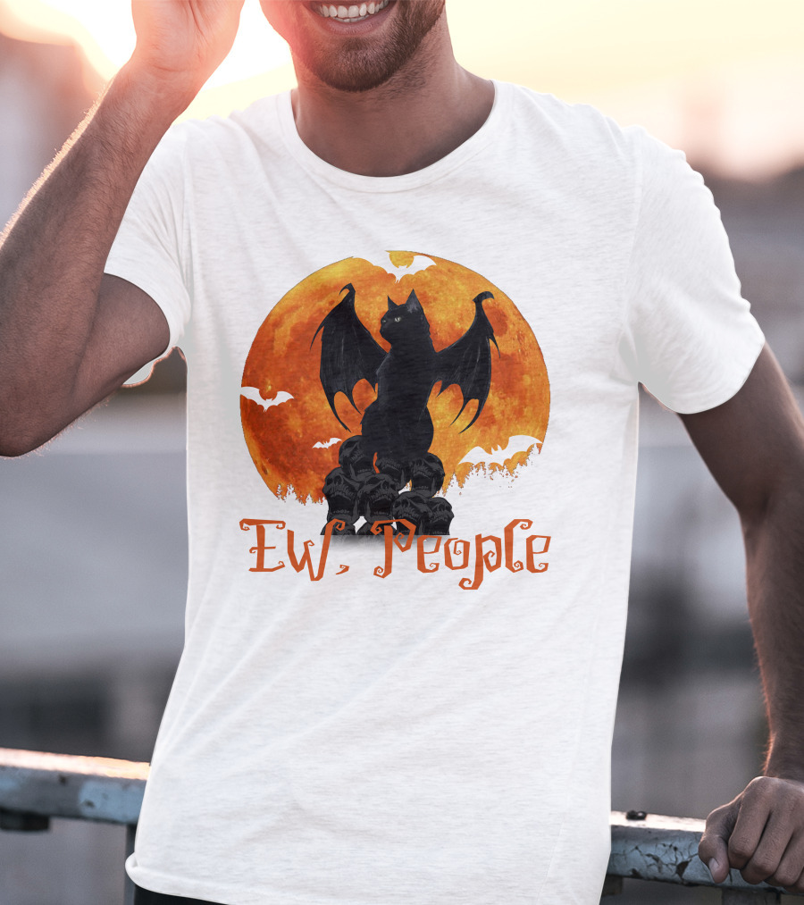 Ew People Black Cat With Bat Wings Halloween Orange Moon T-Shirt