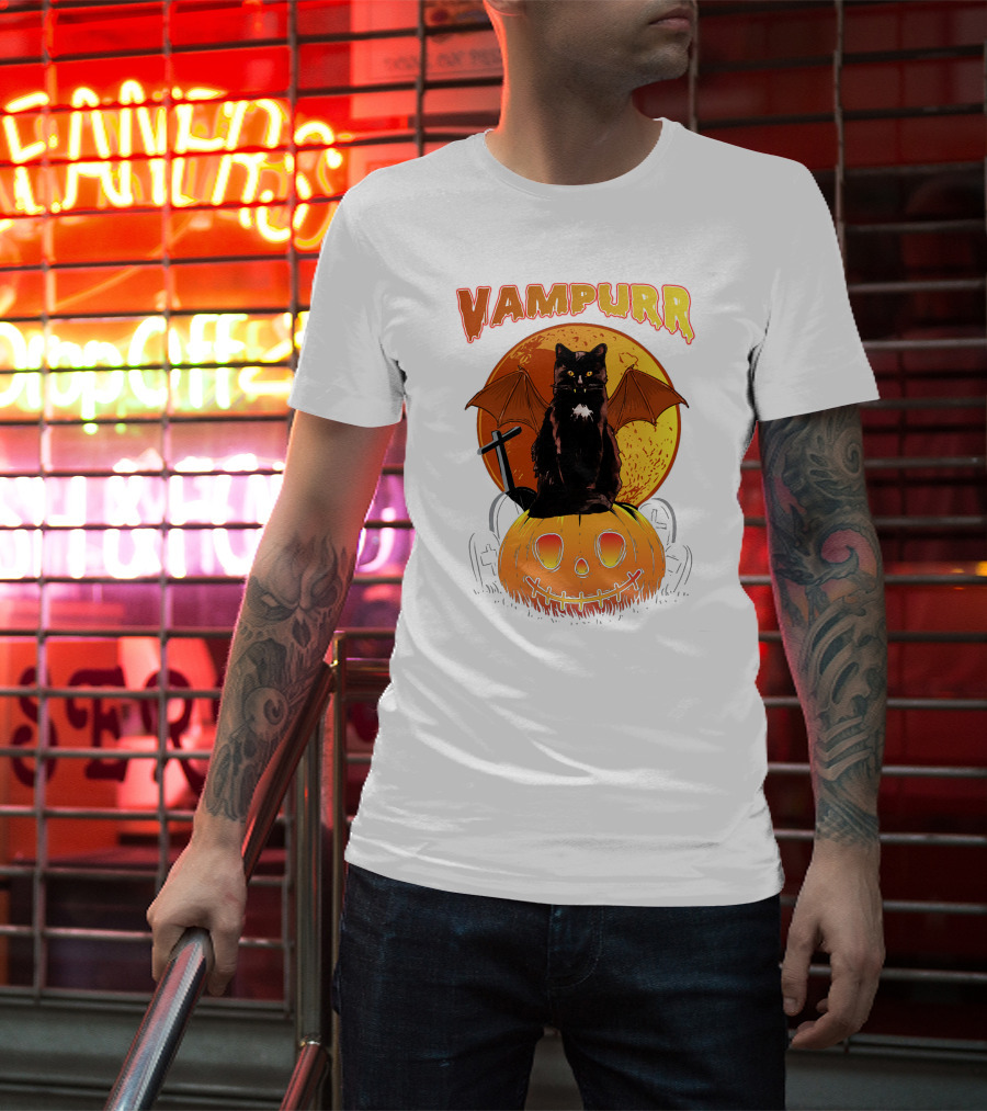 Vampurr Black Cat With Bat Wings And Pumpkin Halloween T-Shirt