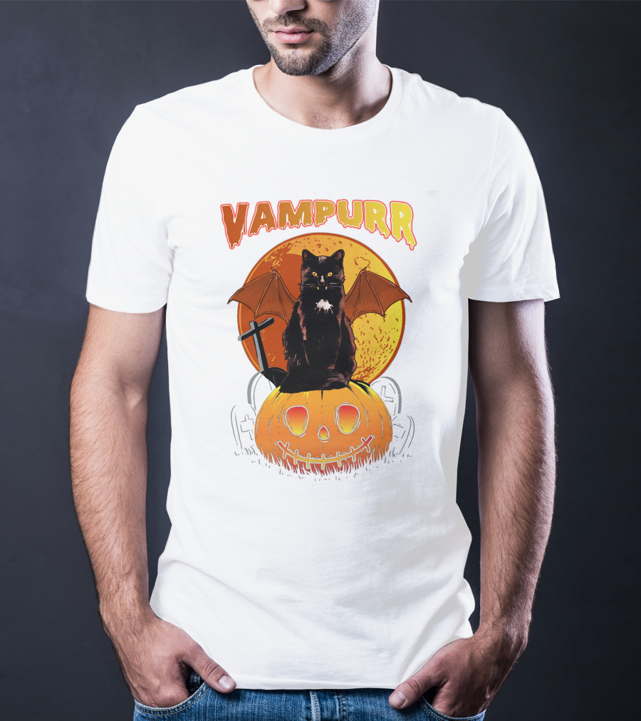 Vampurr Black Cat With Bat Wings And Pumpkin Halloween T-Shirt