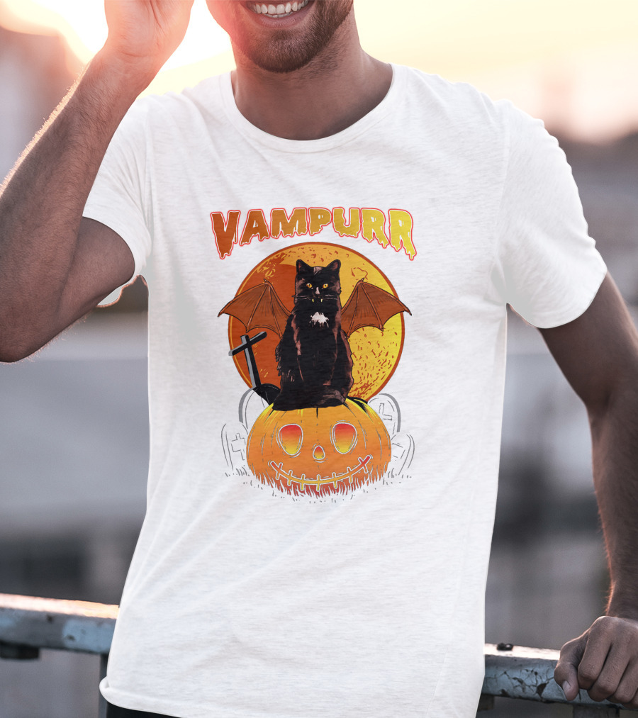 Vampurr Black Cat With Bat Wings And Pumpkin Halloween T-Shirt
