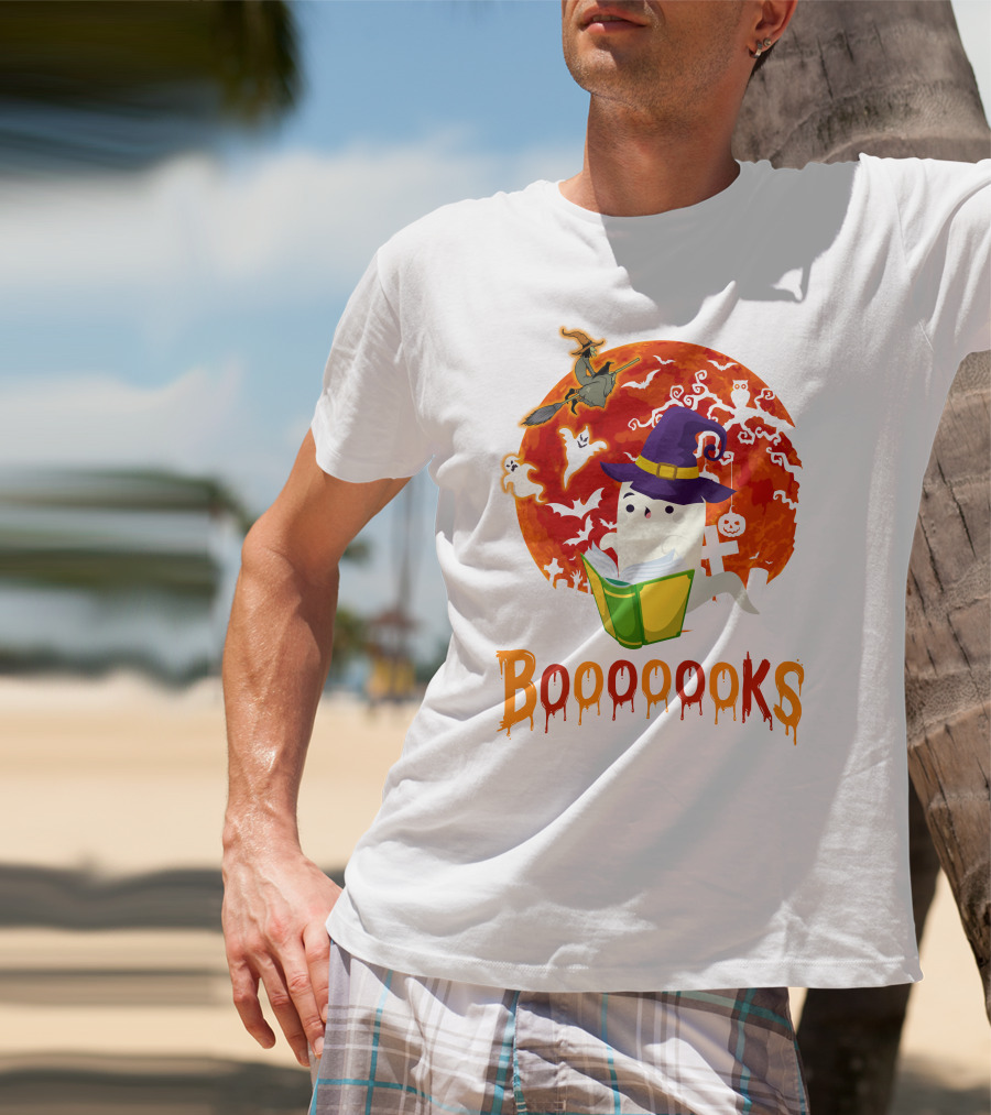 BOOOOOOKS Ghost Reading Witch Hat Halloween Scene T-Shirt