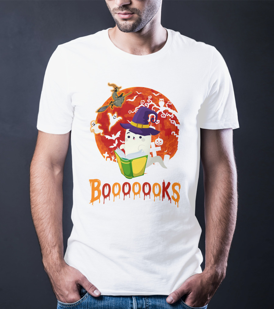 BOOOOOOKS Ghost Reading Witch Hat Halloween Scene T-Shirt