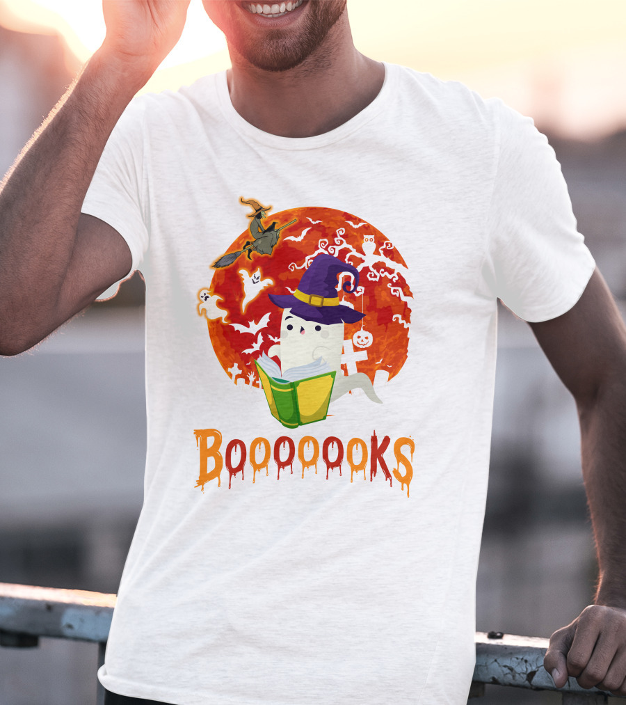BOOOOOOKS Ghost Reading Witch Hat Halloween Scene T-Shirt