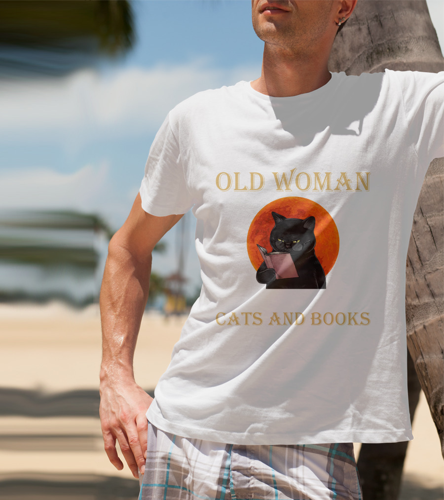 Old Woman Cats And Books Black Cat Reading Orange Moon T-Shirt
