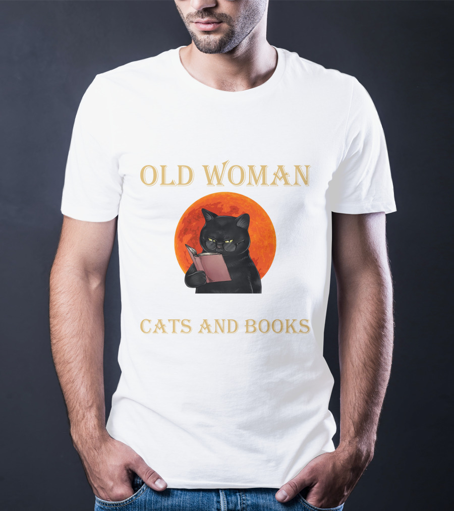 Old Woman Cats And Books Black Cat Reading Orange Moon T-Shirt