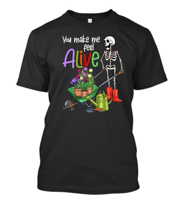 Alive Gardening Farmer Skeleton With Tulips And Watering Can T-Shirt