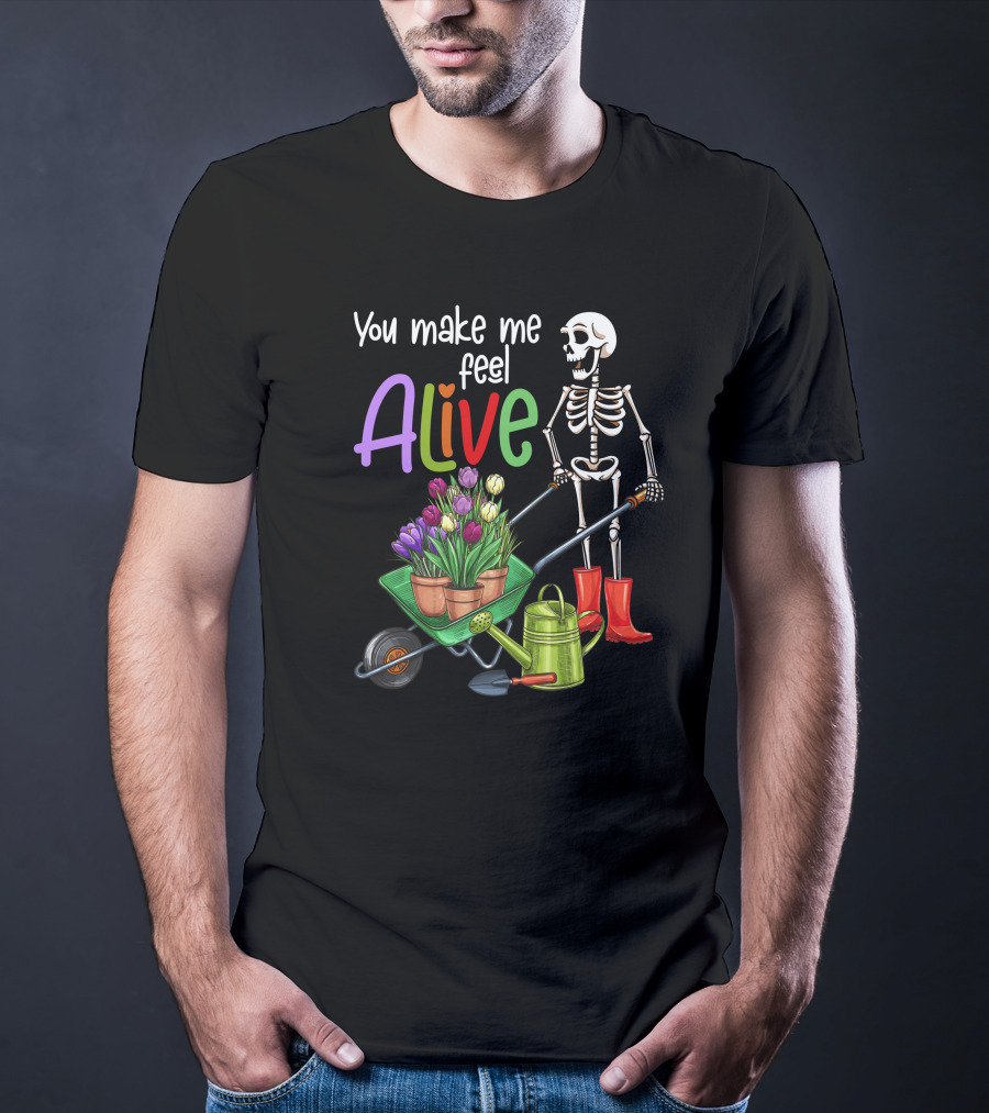 Alive Gardening Farmer Skeleton With Tulips And Watering Can T-Shirt