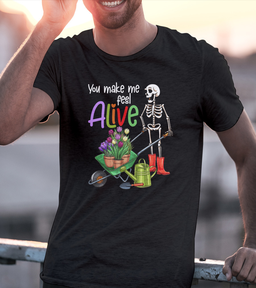 Alive Gardening Farmer Skeleton With Tulips And Watering Can T-Shirt