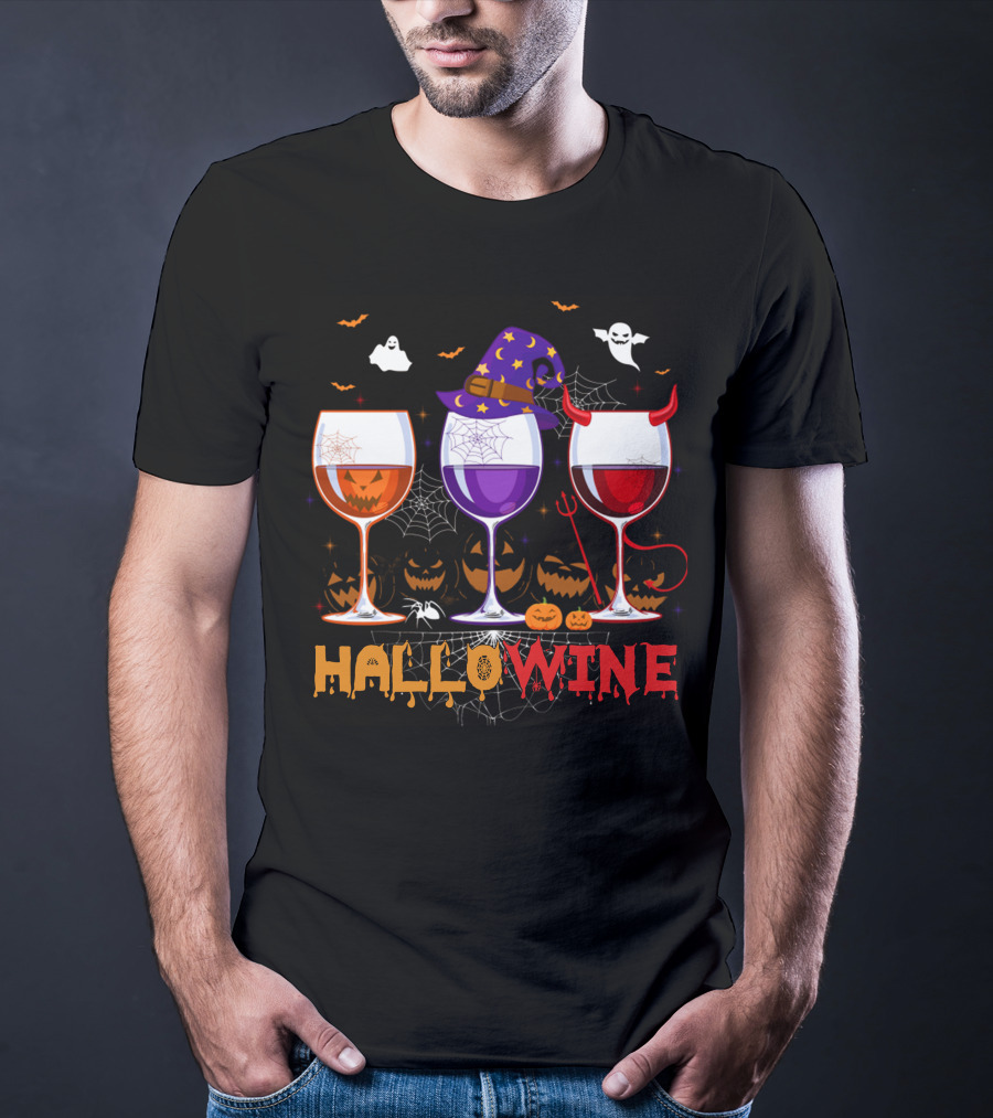 Haloween Hallowine Witch Hat Devil Horns Jack-O'-Lanterns Wine Glasses T-Shirt
