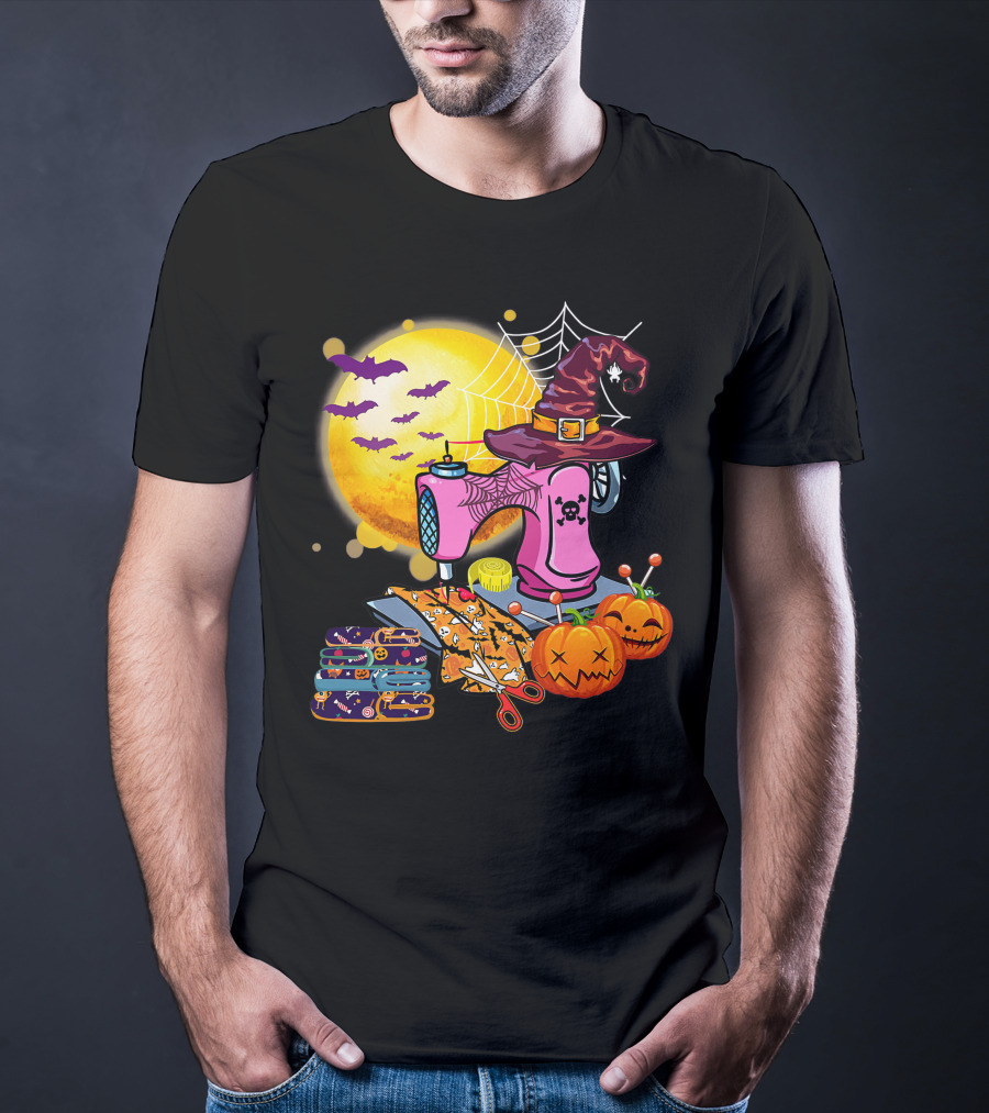 Sewing Machine Witch Hat Halloween Pumpkins Bats Moon T-Shirt
