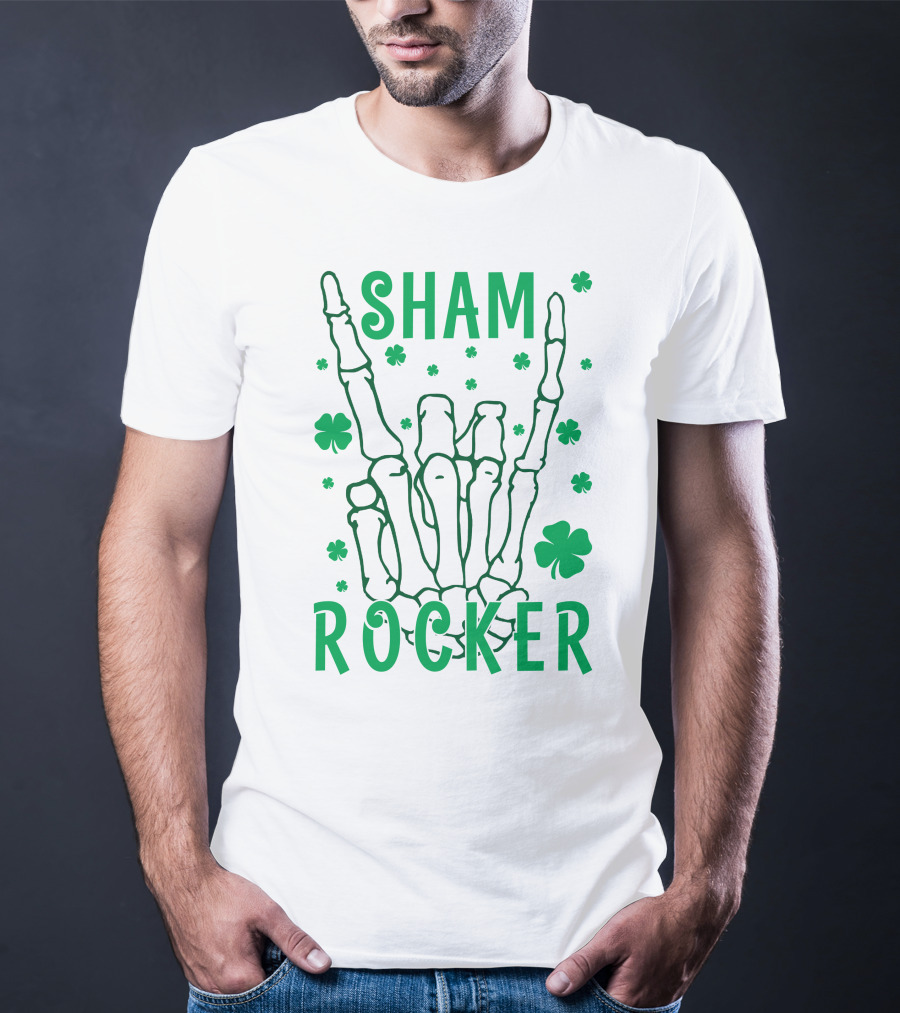 SHAM ROCKER Skeleton Hand With Shamrocks T-Shirt