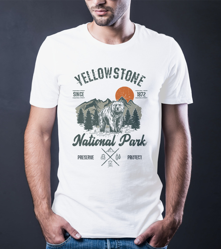 Yellowstone National Park Since 1872 Preserve Protect Vintage Bear Mountain Trees T-Shirt