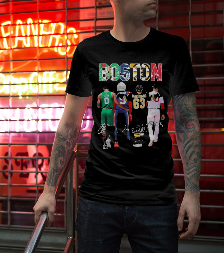 Boston Celtics Patriots Bruins Red Sox Tatum Iddon Marchand Signatures T-Shirt