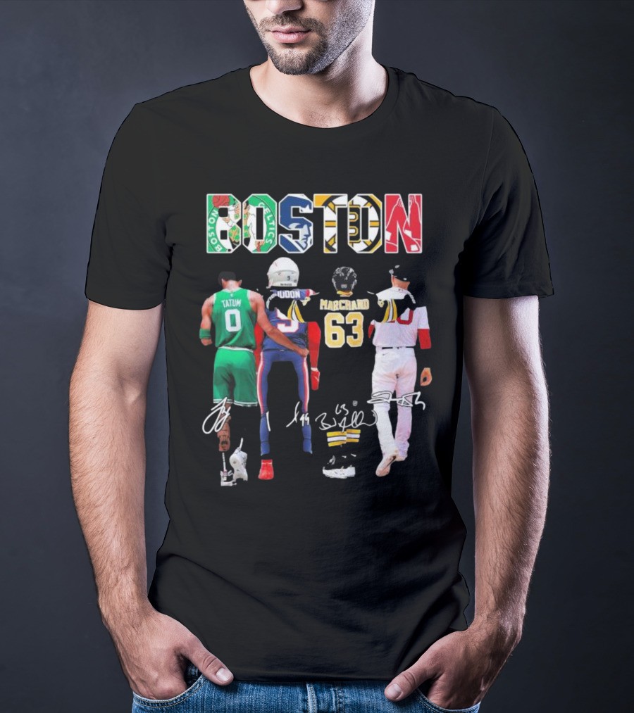 Boston Celtics Patriots Bruins Red Sox Tatum Iddon Marchand Signatures T-Shirt