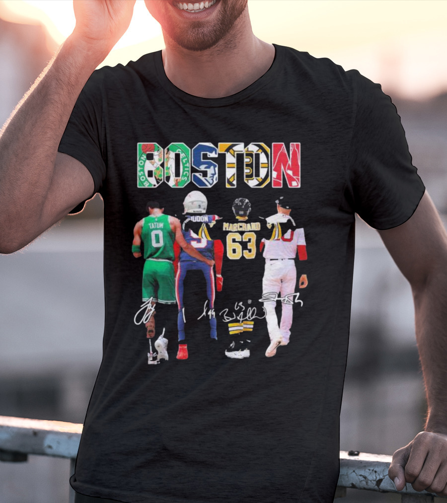 Boston Celtics Patriots Bruins Red Sox Tatum Iddon Marchand Signatures T-Shirt