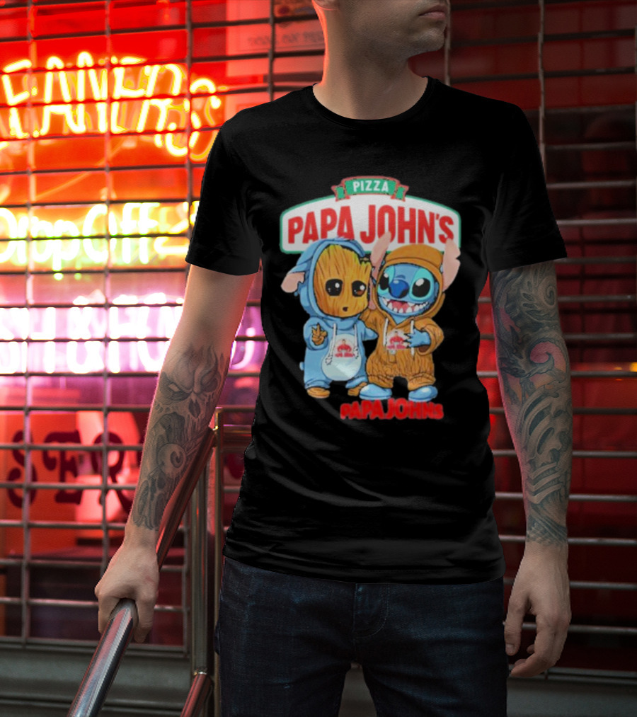Papa John's Pizza With Groot And Stitch Characters T-Shirt