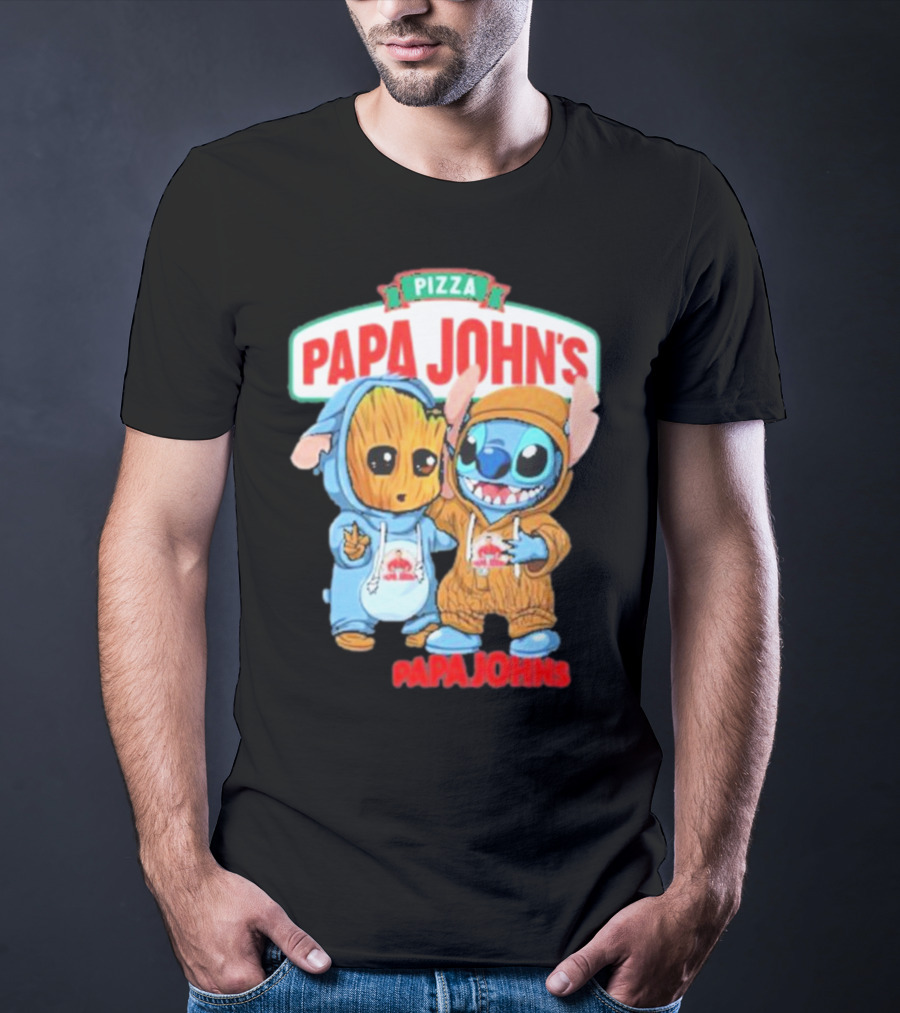 Papa John's Pizza With Groot And Stitch Characters T-Shirt