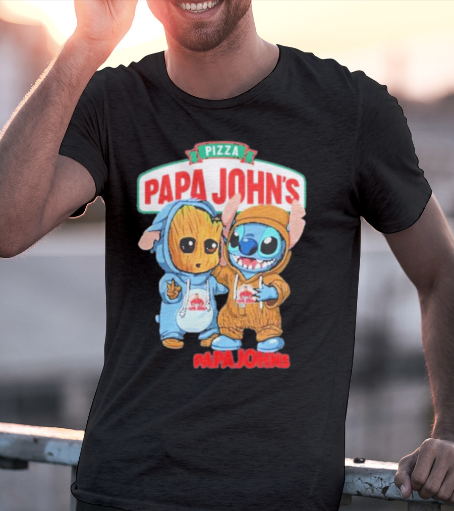 Papa John's Pizza With Groot And Stitch Characters T-Shirt